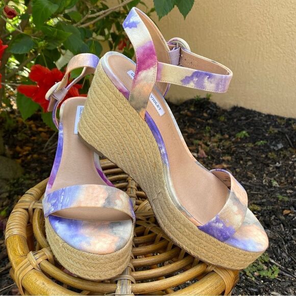 NEW CHELSEA & VIOLET CV-HENNA OPEN TOE ANKLE STRAP TIE-DYE WEDGES 9.5 - Picture 6 of 16